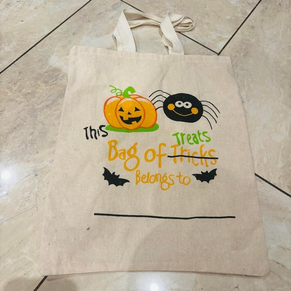 Halloween Tote Bag Pumpkin Spider Bats Cream Canvas Trick or Treat Bag